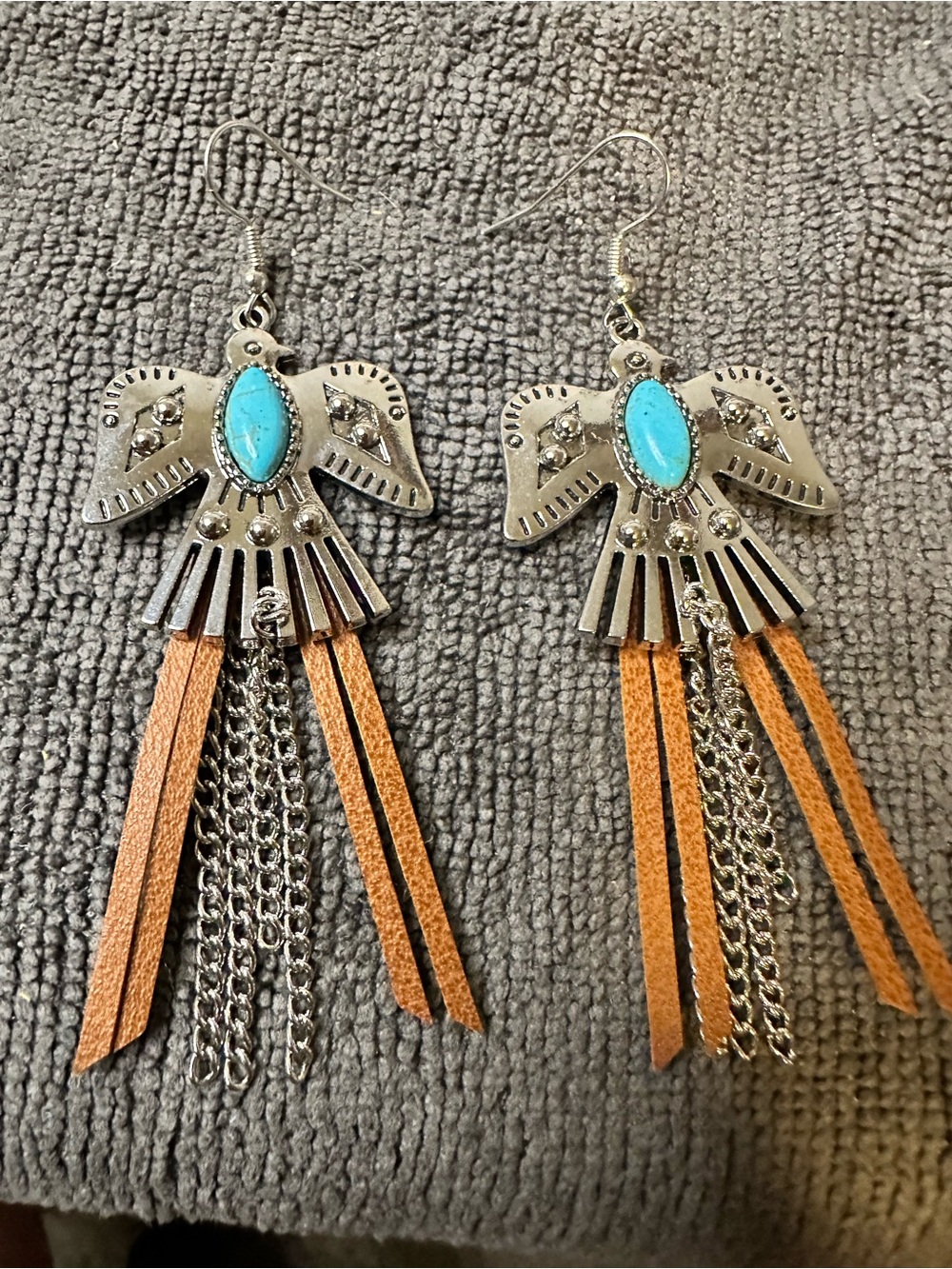 Turquoise and Tan Boho Thunderbird Fringe Earrings - Women's Jewelry